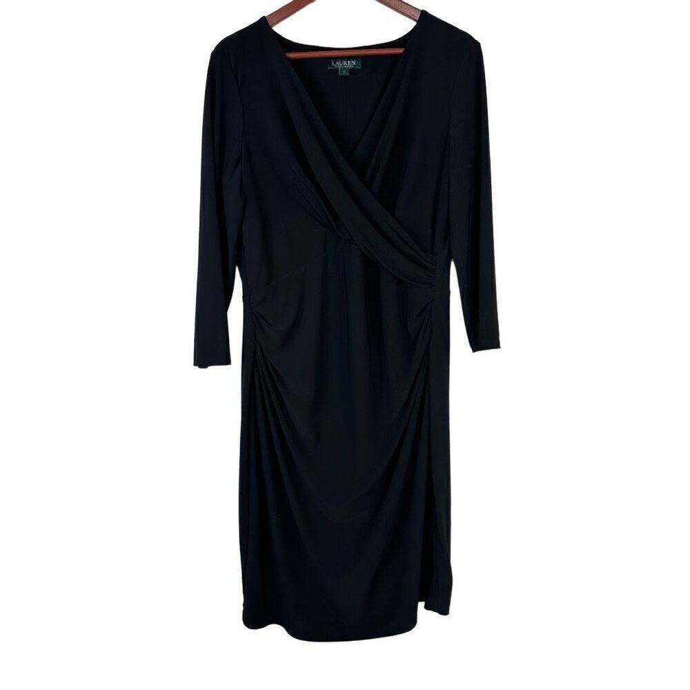 Lauren Ralph Lauren Black Surplice‎ Cocktail Dress Womens 12 Elegant Contouring